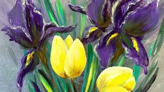 How to paint tulip and iris flowers for fun and art therapy. Free tutorial demo in acrylic paints.