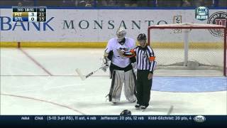 Alex Pietrangelo breaks Thomas Greiss' stick. Pittsburgh Penguins vs St. Louis Blues Feb 21 2015 NHL