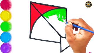 How to draw Kite 🪁 Drawing easy step by step || Easy step by step colour flying Kite drawing.