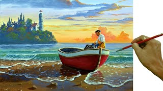 Acrylic Landscape Painting in Time-lapse / Fisherman on Red Boat / JmLisondra