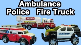 Toy Ambulance vehicle and Police car and Fire Truck unboxing presentation playing