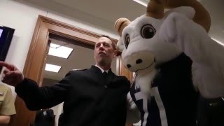 CNO John Richardson and Bill the Goat cheer GO NAVY!