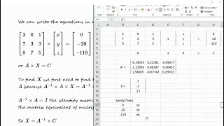 Solving 3 simultaneous, linear equations using Excel.