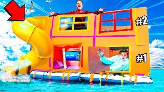 2 STORY FLOATING BOX FORT CHALLENGE!! Worlds Biggest Fort On Water