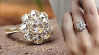 1.72 TCW Colorless Round Rose Cut Moissanite Milgrain Setting Halo Engagement Ring | Women Jewelry