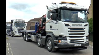 BROOKDALE TRANSPORT SCANIA V8, VOLVO, DAF - TruckFest Peterborough leave - tonnes and engine sound