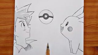 how to draw Ash and Pikachu ( Pokemon ) | Ash & Pikachu step by step | easy drawing tutorial
