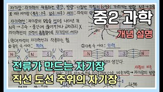 [중2과학]전류가 만드는 자기장, 전류의 자기 작용, 자기력선, 직선 도선 주위의 자기장, 막대자석의 자기력선과 작용하는 힘,  중2과학 2단원, 과학 인강, 과학 노트 필기