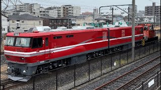 【4K高画質】【EH800-11  OM出場前構内試運転（全検）】HTM270形1号機＋JR貨物EH800形11号機〔五〕が重連で大宮鉄道博物館前に到着停車するシーン（2024.4.22）