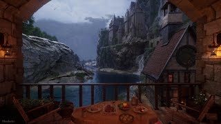 Fantasy Medieval Canyon Village Ambience | Rain, Crackling Fire, Water Sounds