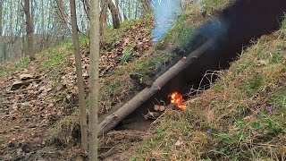 Building Warm Bushcraft Survival Secret Underground Tunnel Shelter, Fireplace, Campfire Cooking, DIY