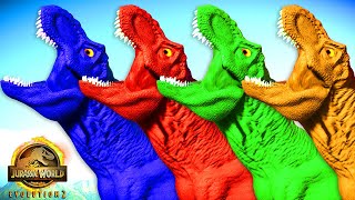 Tyrannosaurus Rex Color Pack vs Mosasaurus vs Brachiosaurus vs Indominus Rex , Dino Battle in JWE 2