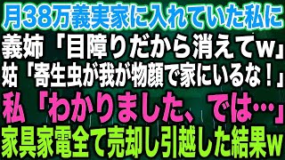 【スカッとする話】月38万義実家に入れていた私に義姉「目障りだから消えてw」姑「寄生虫が我が物顔で家にいるな！」私「わかりました、では…」家具家電全て売却し引越した結果w