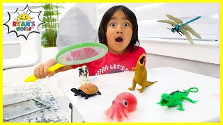 Ryan's bug catching with animals pretend play and learn animals facts!!!
