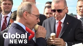 Putin buys Erdogan ice cream, shows off new Su-57 fighter jet during visit to Russia