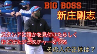 今日のBIGBOSS新庄　スタンドに誰かを見付けたらしくおどけたジェスチャーをする新庄！その正体は？おそらく観客席に座っていたのはこの人（笑）