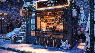 Outdoor Winter Night at Coffee Shop Ambience with Relaxing Jazz Music on Street and Snowfall