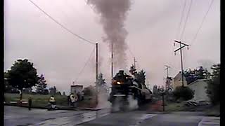 SP&S 4-8-4 #700 leaves Salem, Oregon with lots of whistle action May, 2005