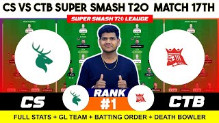 CS vs CTB Dream11, CS vs CTB Match 17TH T20 Dream11 Prediction, CS vs CTB Mens Super Smash DREAM11