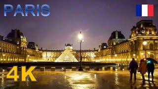 Paris at night,  Raining walk around Louvre Museum [UHD]