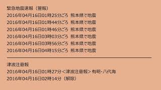 【緊急地震速報（ラジオ）】熊本県で地震 2016.04.16 01:25 他５件・津波注意報（平成28年（2016年）熊本地震） / Earthquake Early Warning