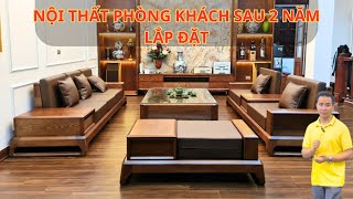 Nội thất phòng khách sau 2 năm sử dụng, sofa gỗ sồi mẫu chân cong sơn màu óc chó