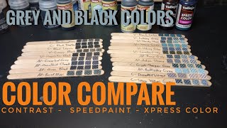 Color Compare: Greys \u0026 Blacks from Citadel Contrast, The Army Painter SpeedPaint, and Vallejo Xpress