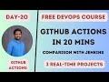 Day-20 | GitHub Actions | Actions vs Jenkins | 3 Projects with examples | Configure your own runner