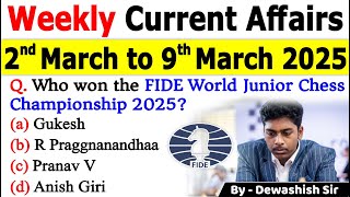 2nd March to 9th March 2025 | March 2025 Weekly MCQ Current | Current Affairs 2025 #mcq #current