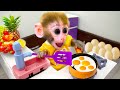 Smart Monkey Bi Bon cleans the house and cooks eggs in the kitchen | Animal HT Bon Bon monkey