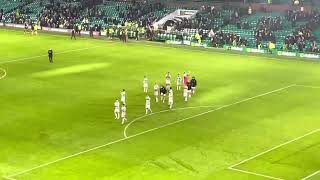 CELTIC FANS CELEBRATING WITH ANGE POSTECOGLOU AND PLAYERS AFTER BETTING HIBS 2-0