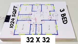 32 by 32 simple building plan drawing II 3 bhk house plan II 32 x 32 ghar ka design kaise banaye