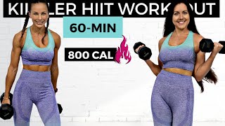 60-MIN KILLER HIIT WORKOUT WITH WEIGHTS (total body sculpt + abs, fast weight loss, follow along)