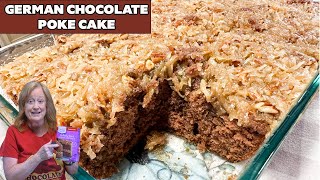 Easy GERMAN CHOCOLATE POKE CAKE from cake mix with DELICIOUS FROSTING