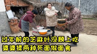 年前的芝麻叶没顾上吃，婆婆揉2种死面，做成面条和油饺，公公：这太香了 | Fried Dumplings, Sesame Leaf Noodles