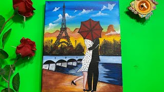 A Romantic couple near Eiffel Tower/ step by step Complete Acrylic painting tutorial for beginners