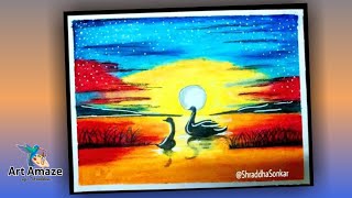 Easy Oil Pastel Drawing Of Swan In Sunset | for kids and beginners | step by step
