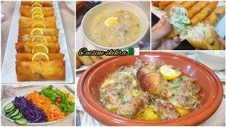 طاولة افطار بسيطة بصح البنة كاينة،شربة بيضاء وطاجين مع بوراك الأرز باللحم والحمد لله