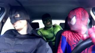 Superheroes Dancing in a Car  Spiderman, Batman & Hulk Funny Movie in Real Life