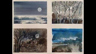 Paint 4 Different Watercolour NIGHT Skies, Simple Landscape Watercolor Sky Practice Demo Tutorial