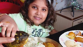 Birthday Girl Eating Her Lunch, Peas Pulao, Chicken Kosha, Sweets