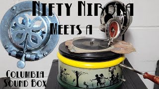 Just For Fun!! Columbia Viva-Tonal Sound Box Played on a Litho Toy Phonograph - Nifty Nirona German