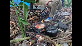 Camping solo in the jungle. Cook braised fish dish \