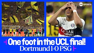💛🖤 The Yellow Wall celebrates as Borussia Dortmund defeat PSG in #UCL semi-final