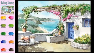 Balcony Scenery - Landscape watercolor (Sketch & Color mixing, Material introduction) NAMIL ART