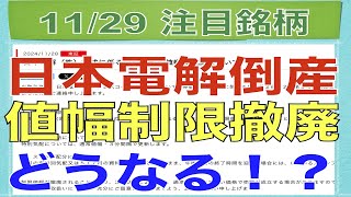 【11月29日】日本電解倒産で値幅制限撤廃どうなる！？【明日の注目株】