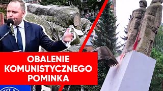 Runął sowiecki pomnik w centrum Nowogardu. Nagrano moment obalenia