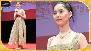 新木優子、ディオールのオートクチュールドレスに感激！　美デコルテ際立つジュエリーも　映画「ミセス・ハリス、パリへ行く」特別試写会