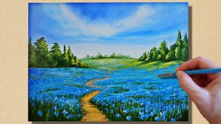 How to Paint Summer Cornflower Fields | Acrylic Painting Tutorial for Beginners | Acrylic Painting