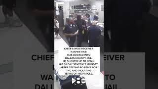 New video showing the moment Chief's wide receiver Rashee Rice was booked into a Dallas County Jail.